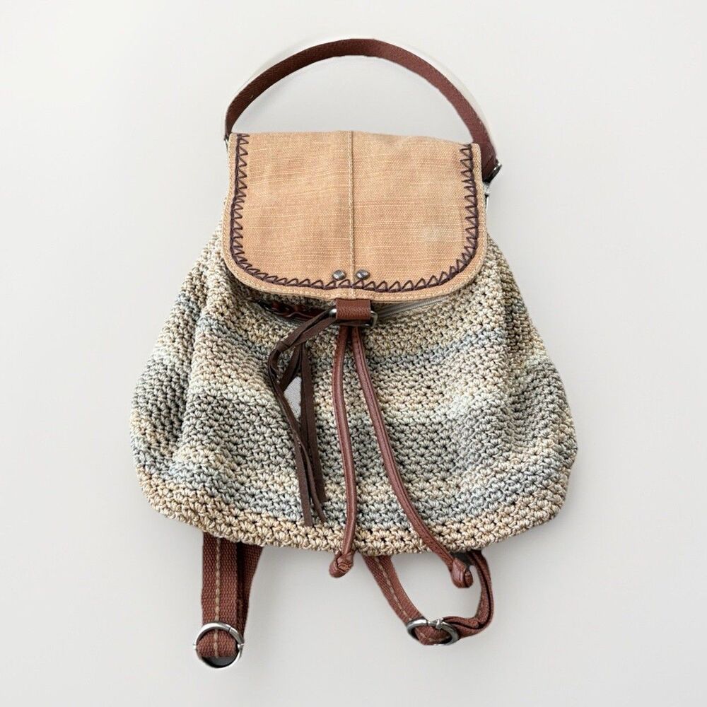 The Sak Women's Avalon Crochet Convertible Backpack Boho Stripe Beige Woven
